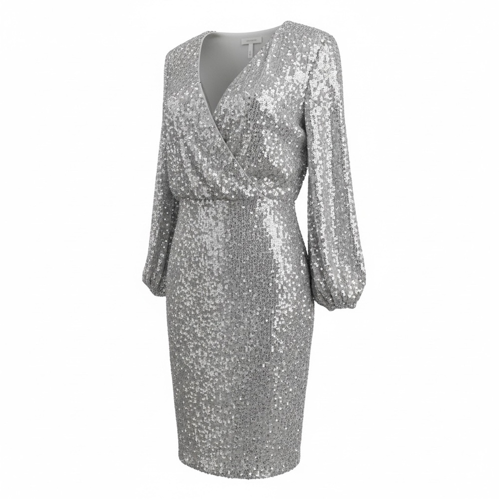 Eliza J Silver Sequin Cocktail Dress Long Sleeve V-Neck Size 4 - Picture 2 of 11